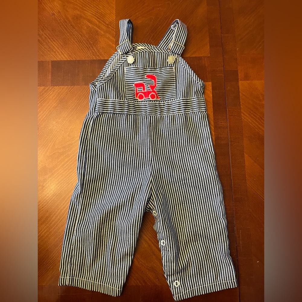 Vintage striped Overalls with train Sears 2T